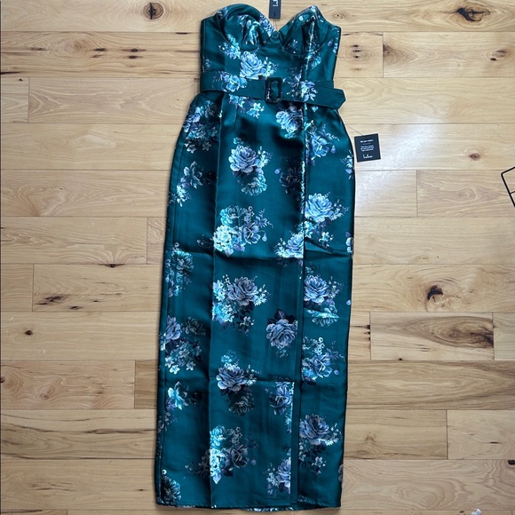 NWT Lulus Emerald Floral Taffeta Belted Strapless Maxi Dress | Size Medium - Picture 3 of 8